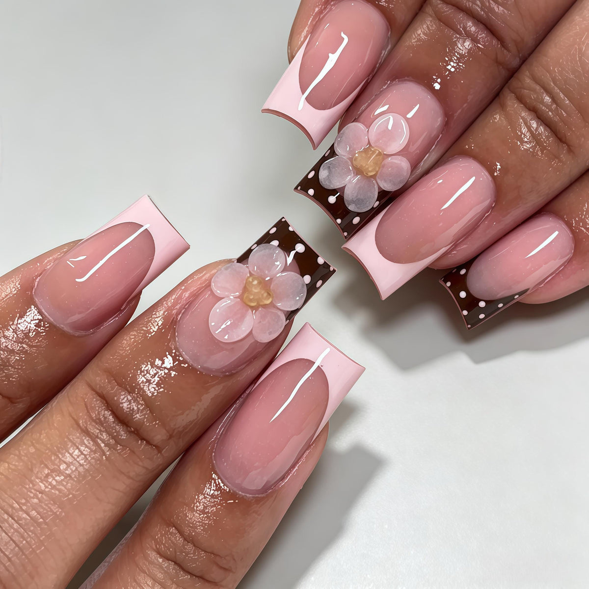 Sheer Pink French Tip Nails with Brown Polka Dots, 3D Flowers and Gold Beads