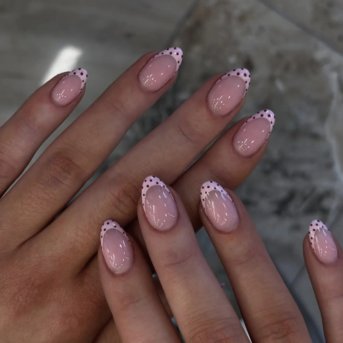 Sheer Pink French Tip Nails with Lavender-Pink Purple Polka Dots