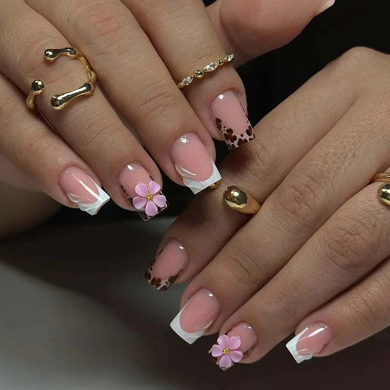 Sheer Pink French Tip Nails with Leopard Print and 3D Flowers