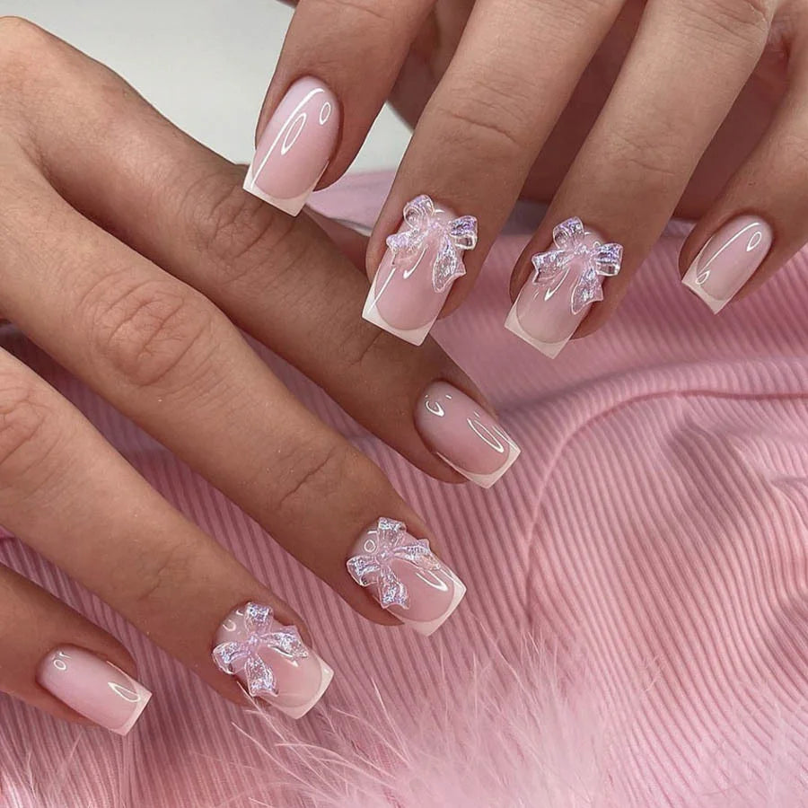 Sheer Pink French Tip Nails With Translucent 3D Bows