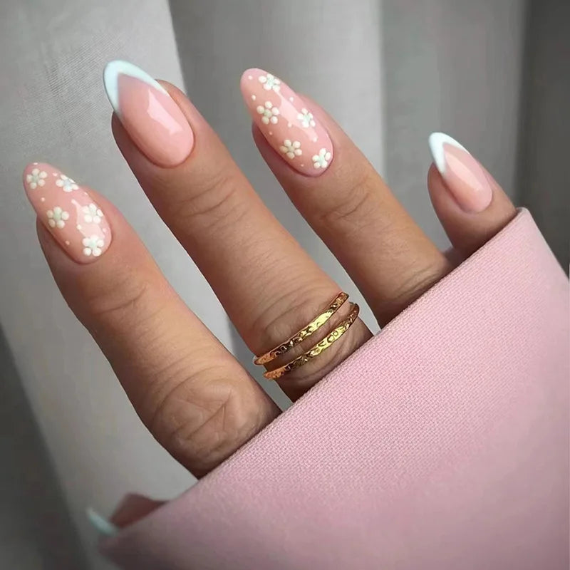 Sheer Pink French Tip Nails With White Daisies