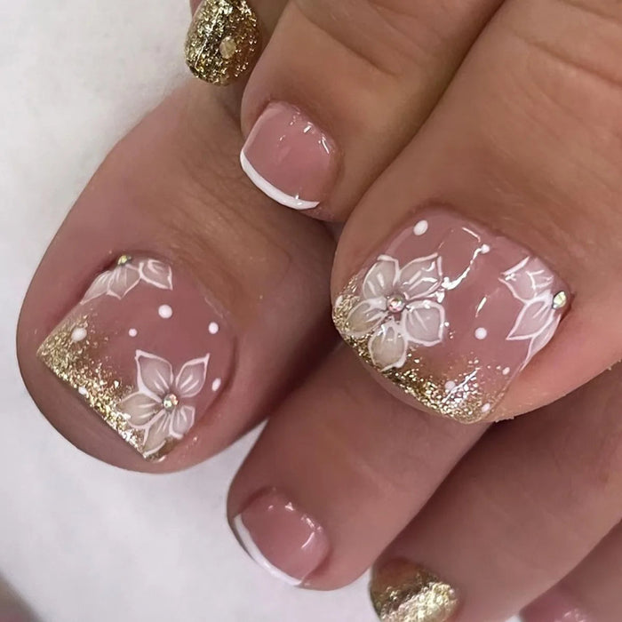 Sheer Pink French Tip Press On Nails With White Flowers and Gold Glitter