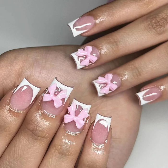 Sheer Pink French Tip Press On Nails With 3D Pink Bows