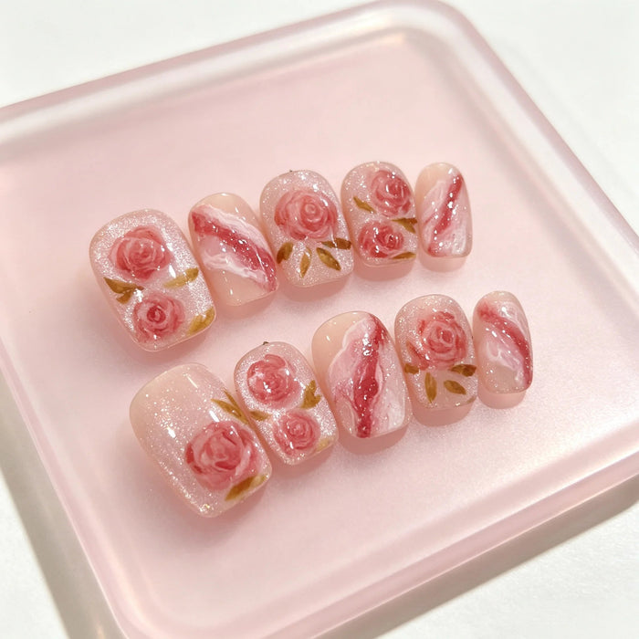 Sheer Pink Glitter Rose and Marble Swirl Press On Nail Set