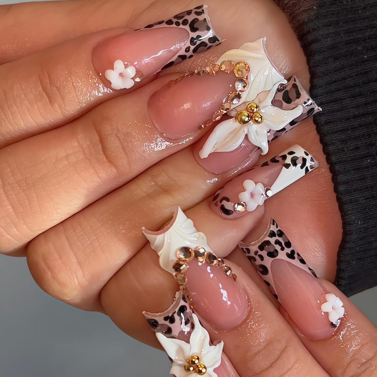 Sheer Pink Leopard Print Nails with 3D White Flowers, Gold Beads and Rhinestones