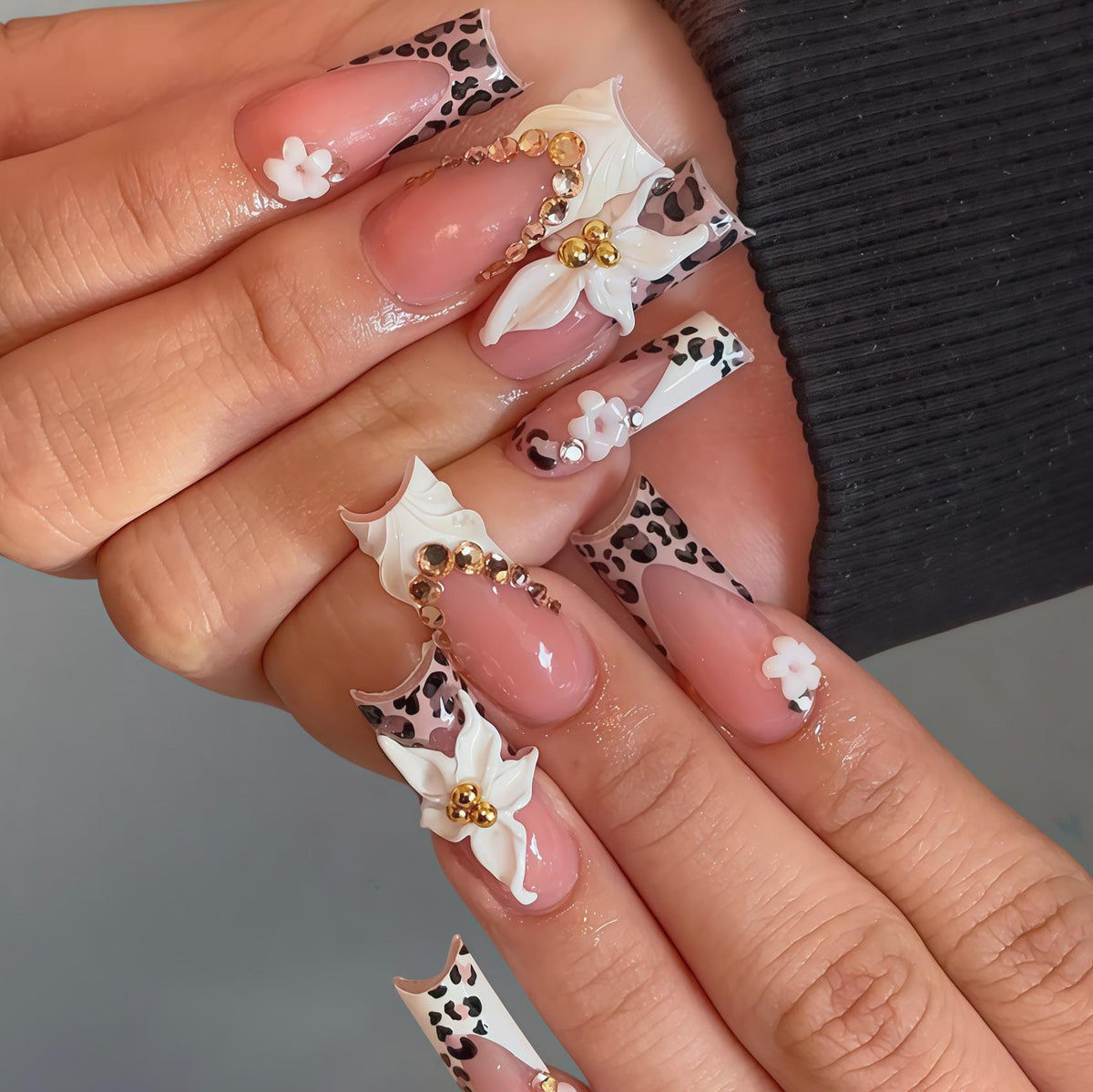 Sheer Pink Leopard Print Nails with 3D White Flowers, Gold Beads and Rhinestones