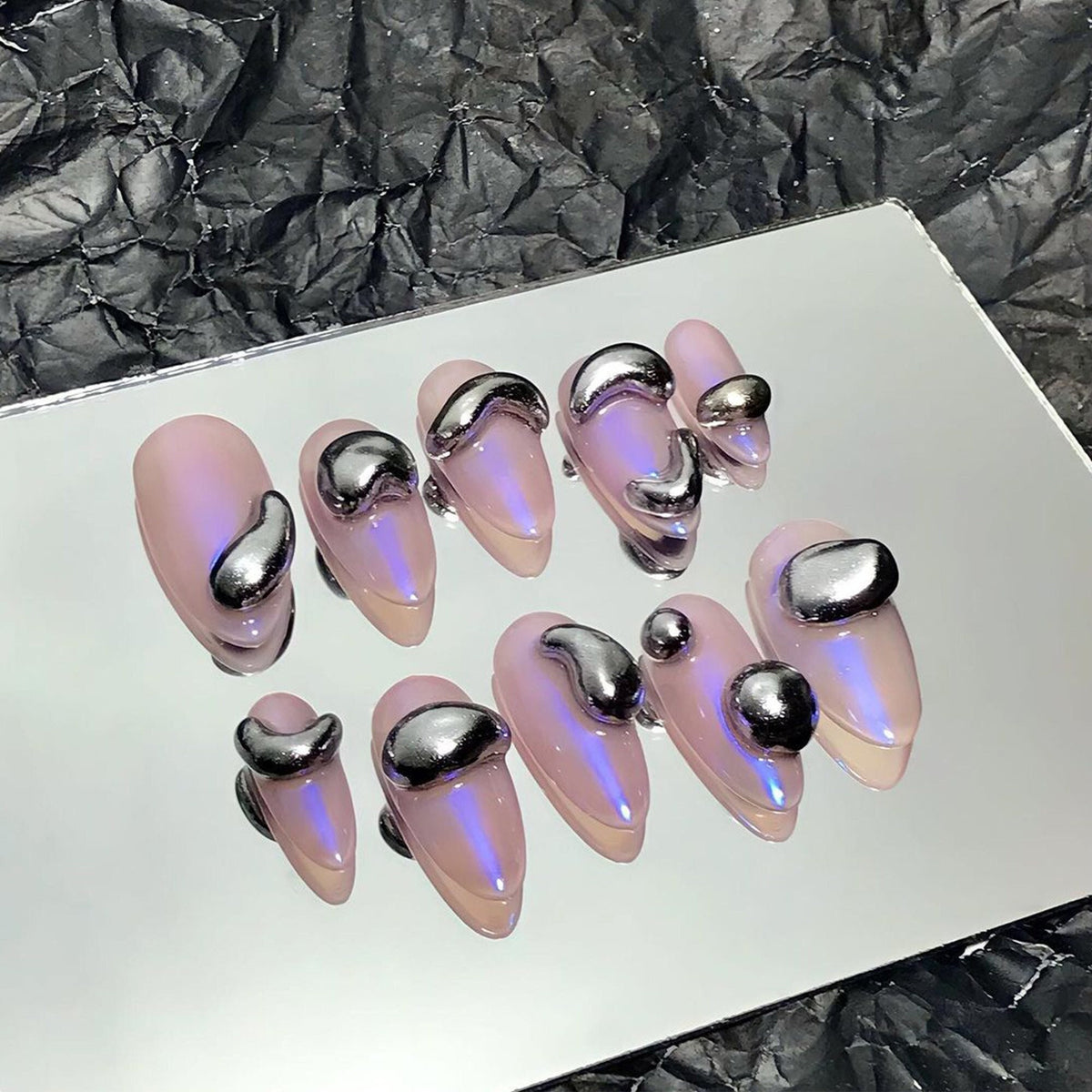 Sheer Pink-Lilac Press On Nails With Sculptural Silver Chrome Drops