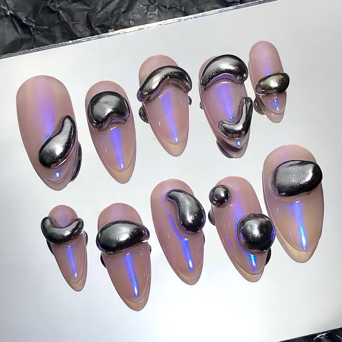 Sheer Pink-Lilac Press On Nails With Sculptural Silver Chrome Drops