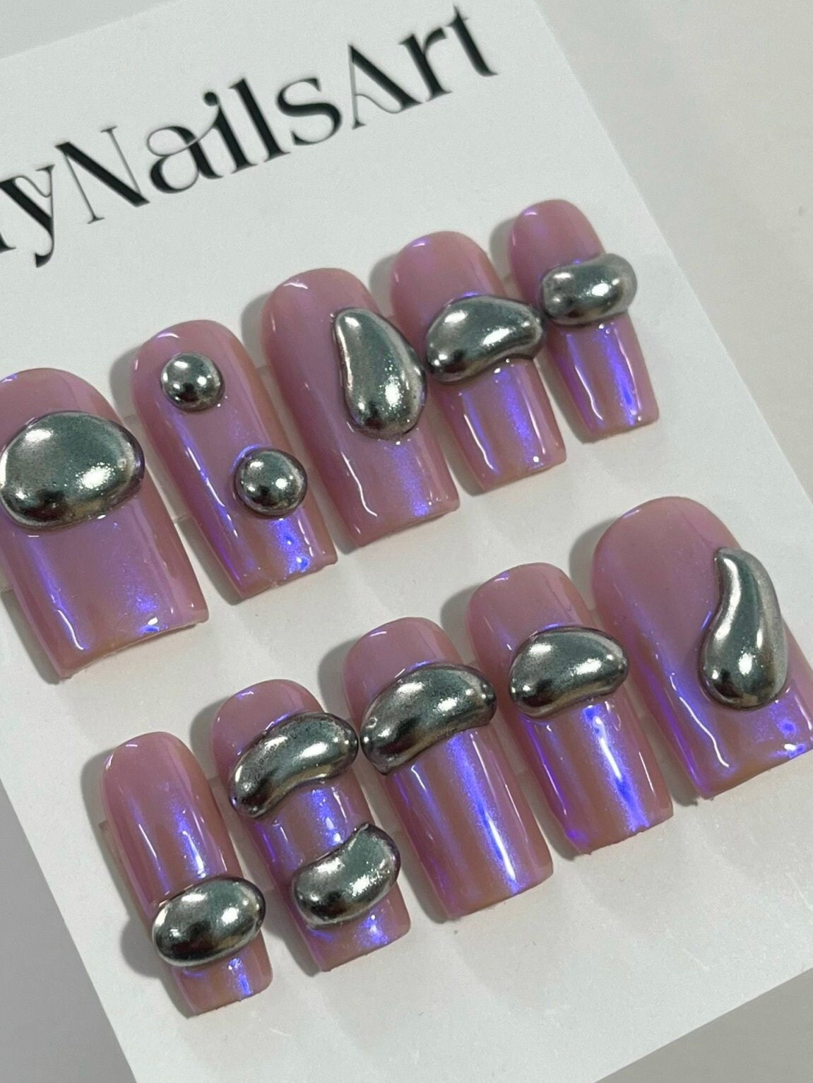 Sheer Pink-Lilac Press On Nails With Sculptural Silver Chrome Drops