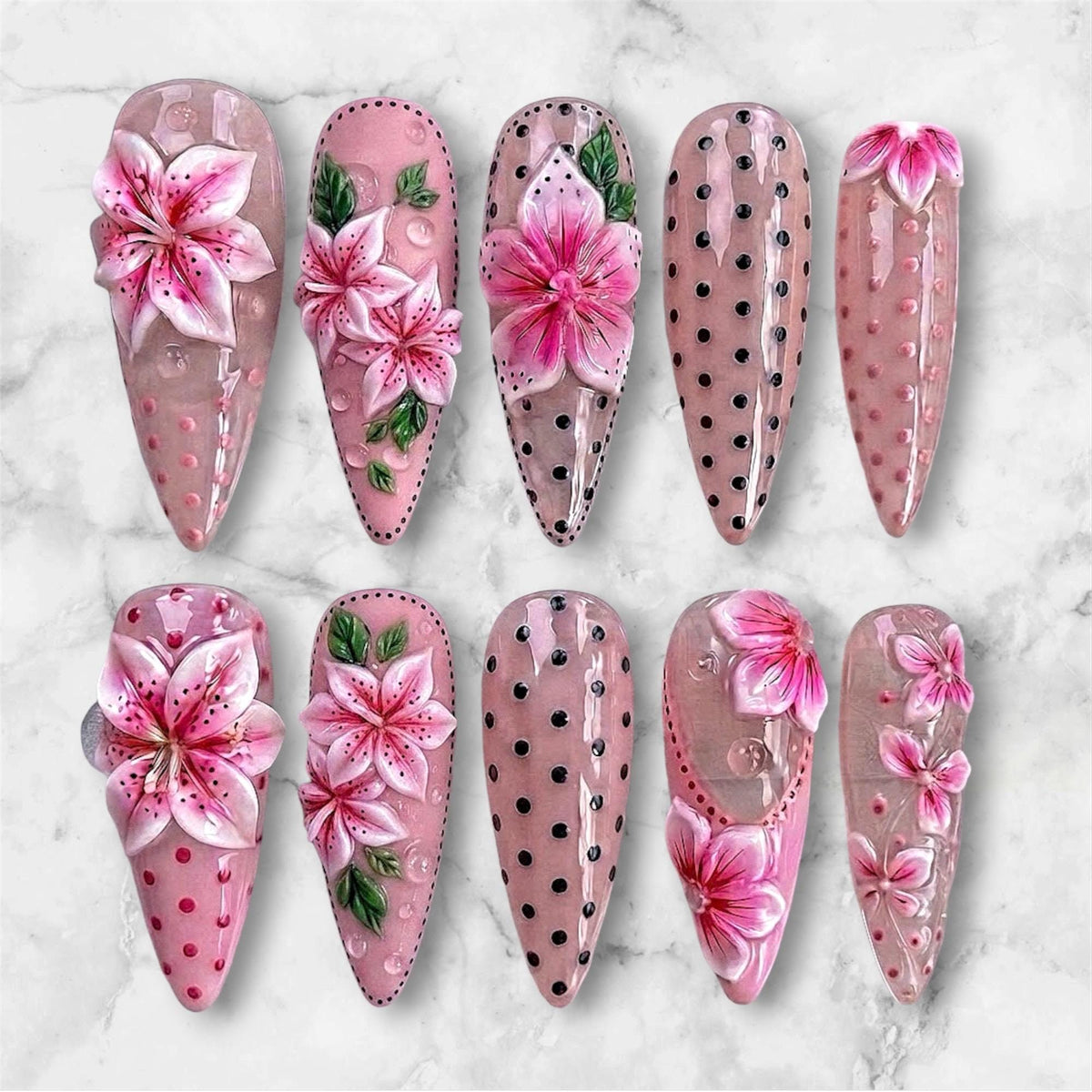 Sheer Pink Lily Spring and Summer Press On Nails With 3D Flowers and Polka Dots