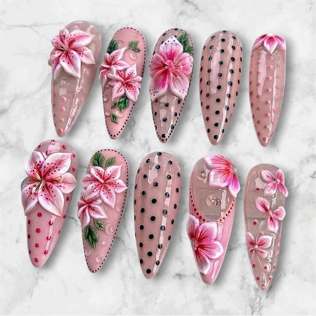 Sheer Pink Lily Spring and Summer Press On Nails With 3D Flowers and Polka Dots