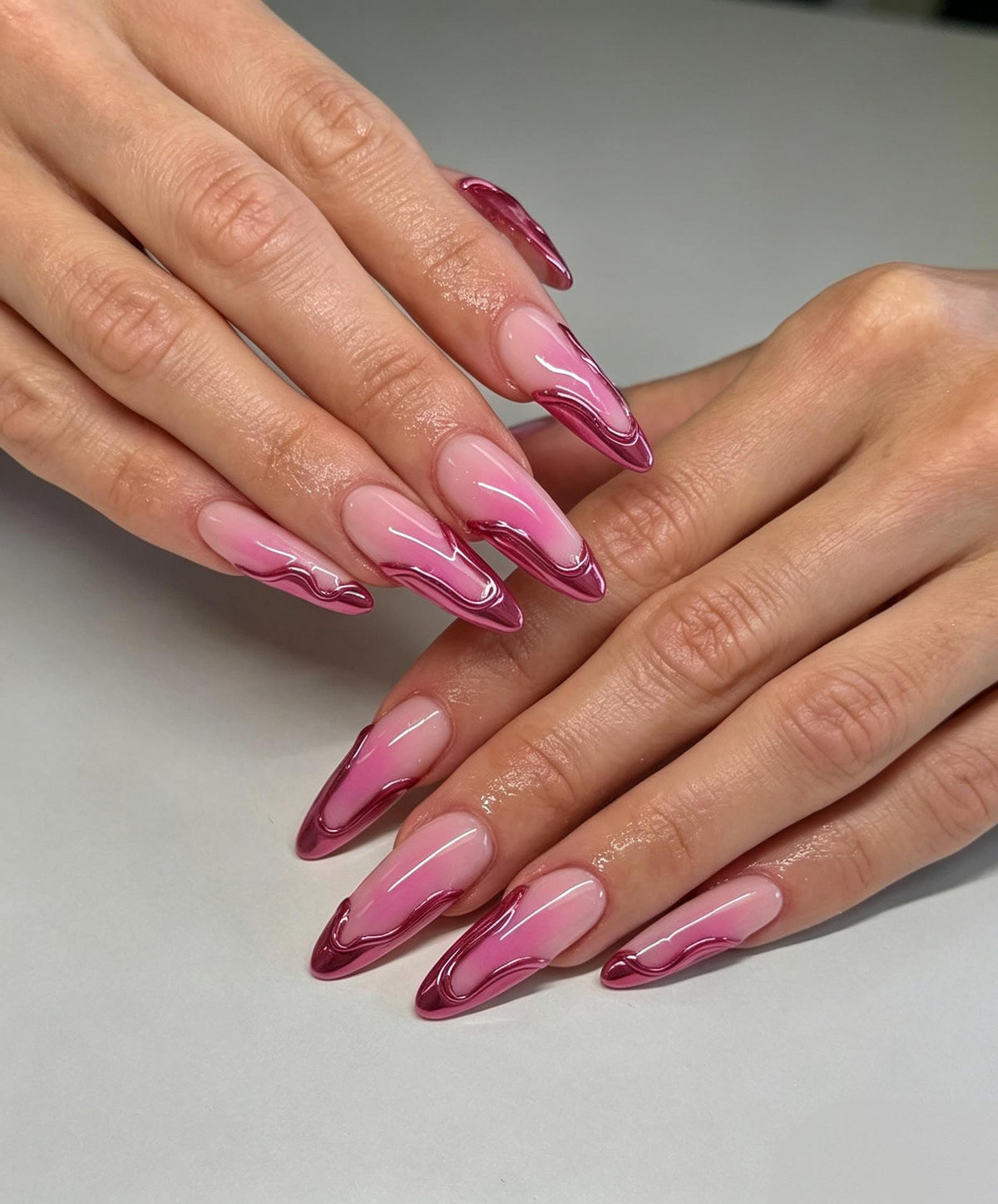 Sheer Pink Nails With Deep Magenta Chrome Fluid Art