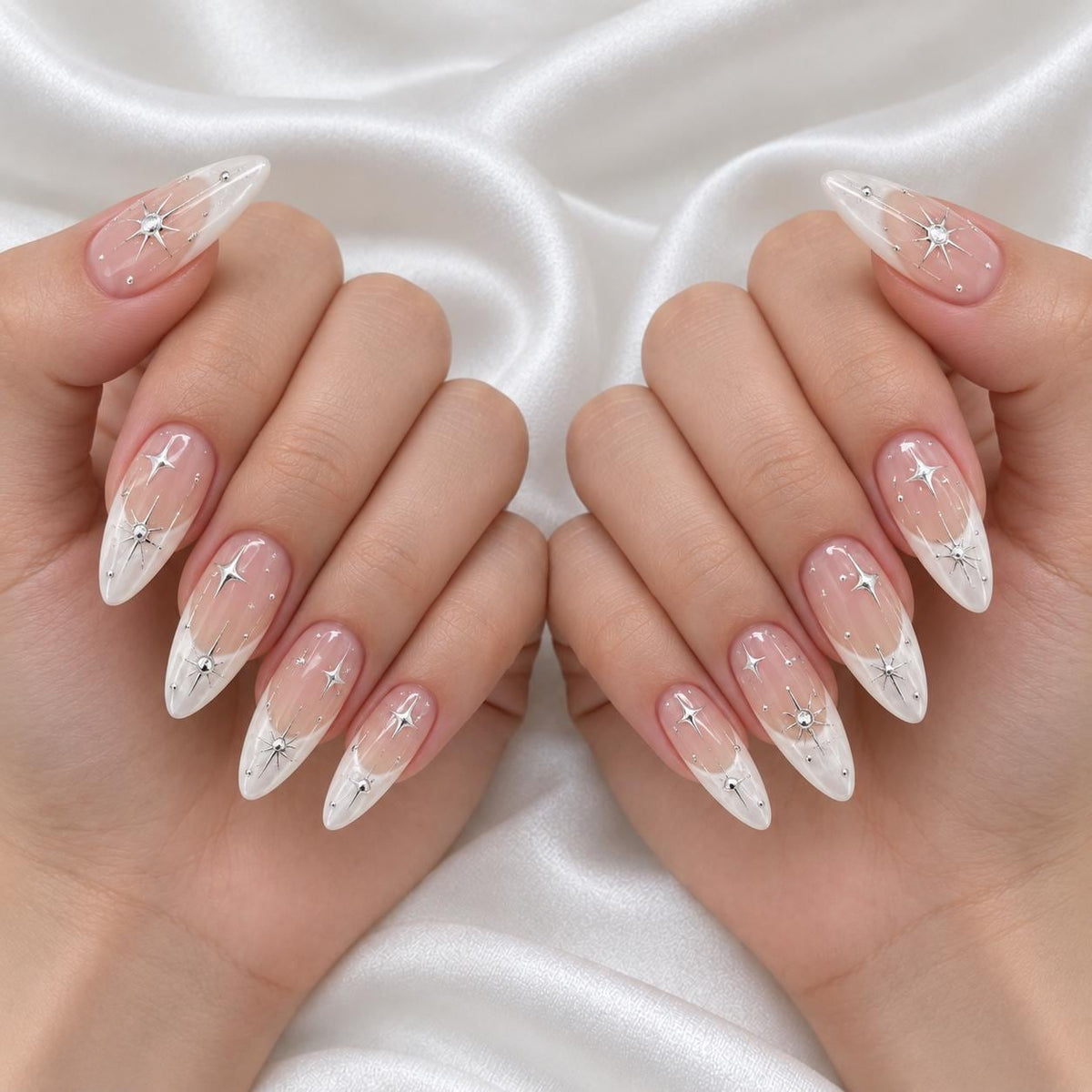 Sheer Pink Nude Celestial Starburst Press-On Nails with White Tips and Silver Accents