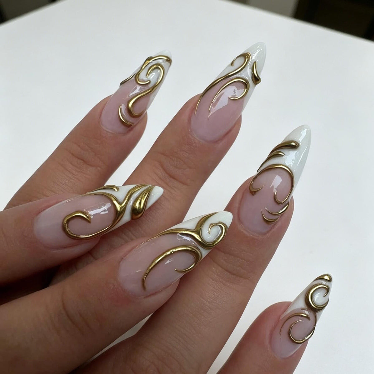 Sheer Pink Nude French Tip Nails With Raised Gold Baroque Scrollwork