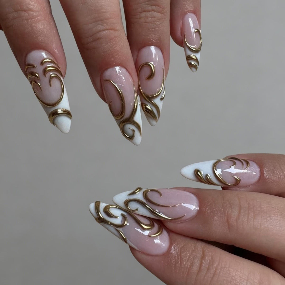 Sheer Pink Nude French Tip Nails With Raised Gold Baroque Scrollwork