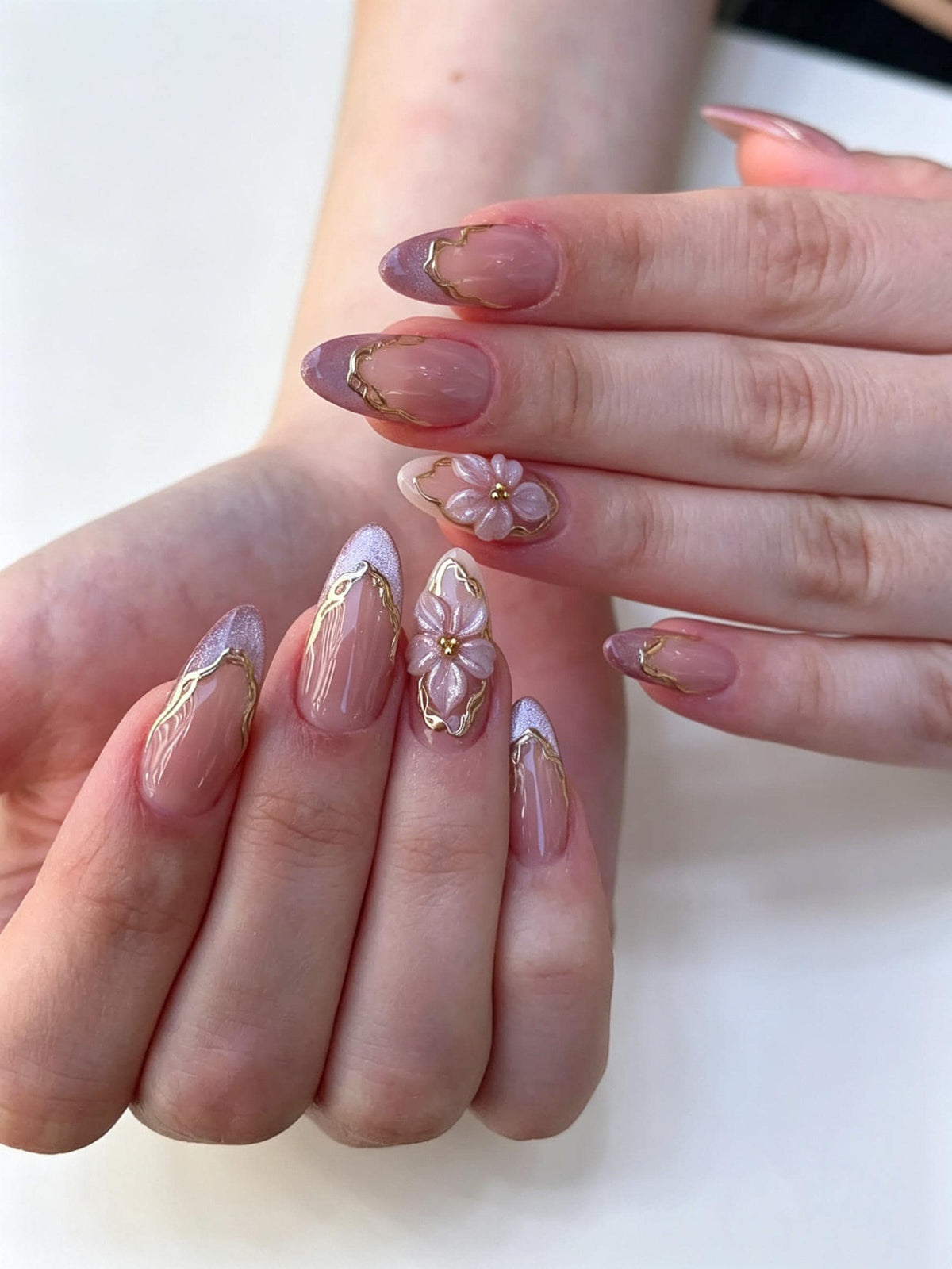 Sheer Pink Nude Nails with Lavender Glitter Tips, Gold Lines and 3D Flowers