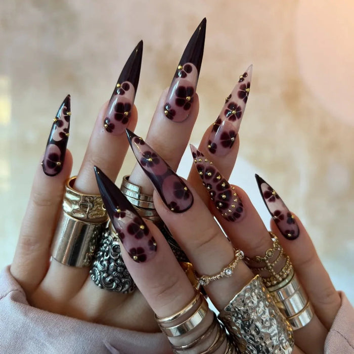 Sheer Pink-Nude Press On Nails with Plum-Black Tips, Pearl Beads and Floral Details
