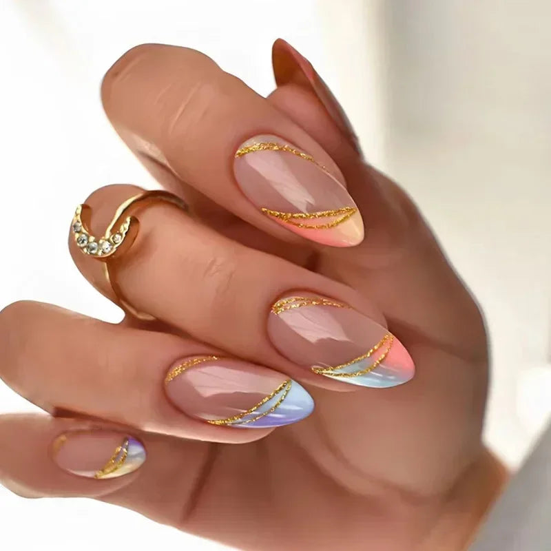 Sheer Pink Nude Press-On Nails with Pastel Swirl Tips and Gold Glitter Lines