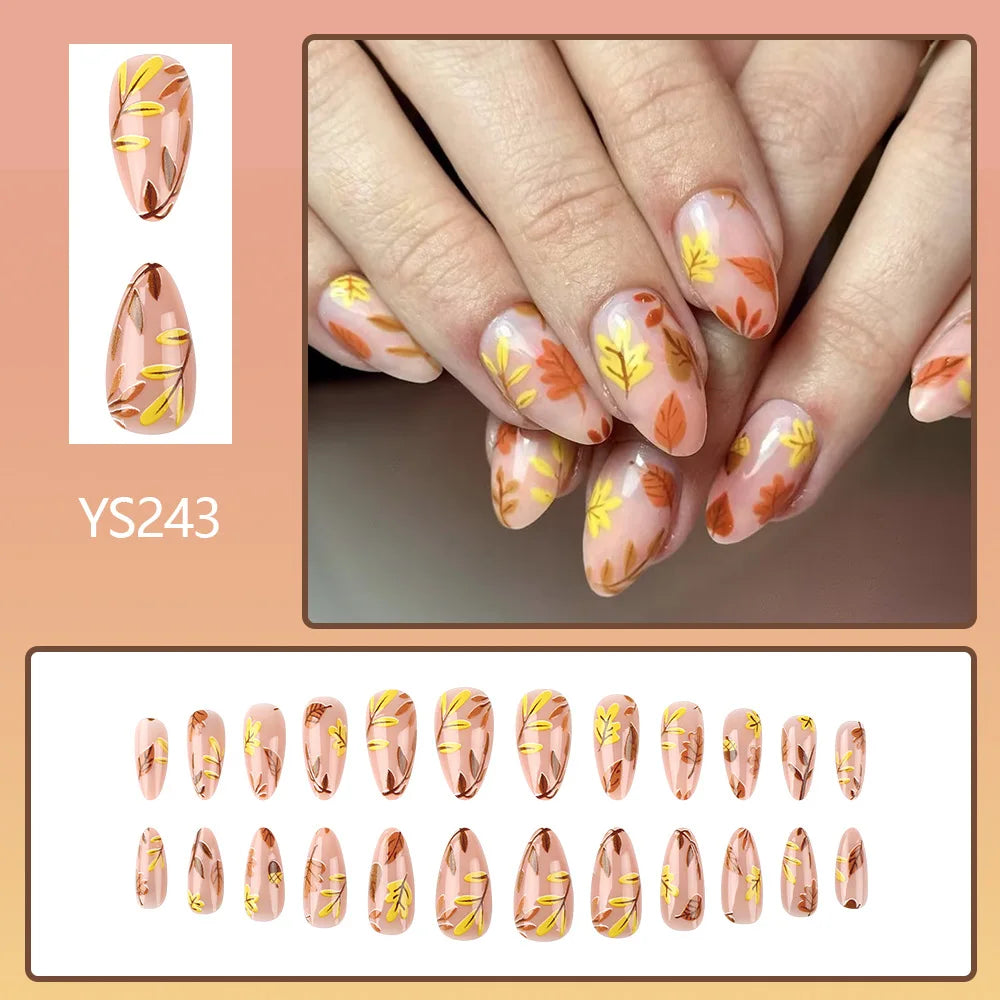 Sheer Pink-Nude Press On Nails With Yellow and Orange Leaf Motifs