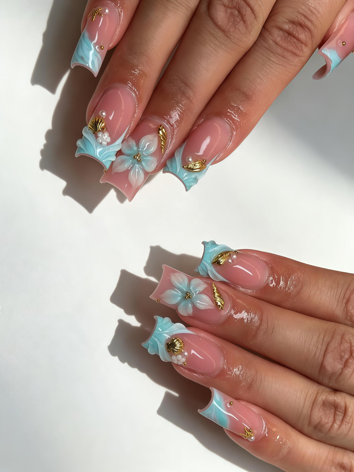 Sheer Pink Ocean Press On Nails With Turquoise Tips, 3D Flowers and Gold Shell Charms