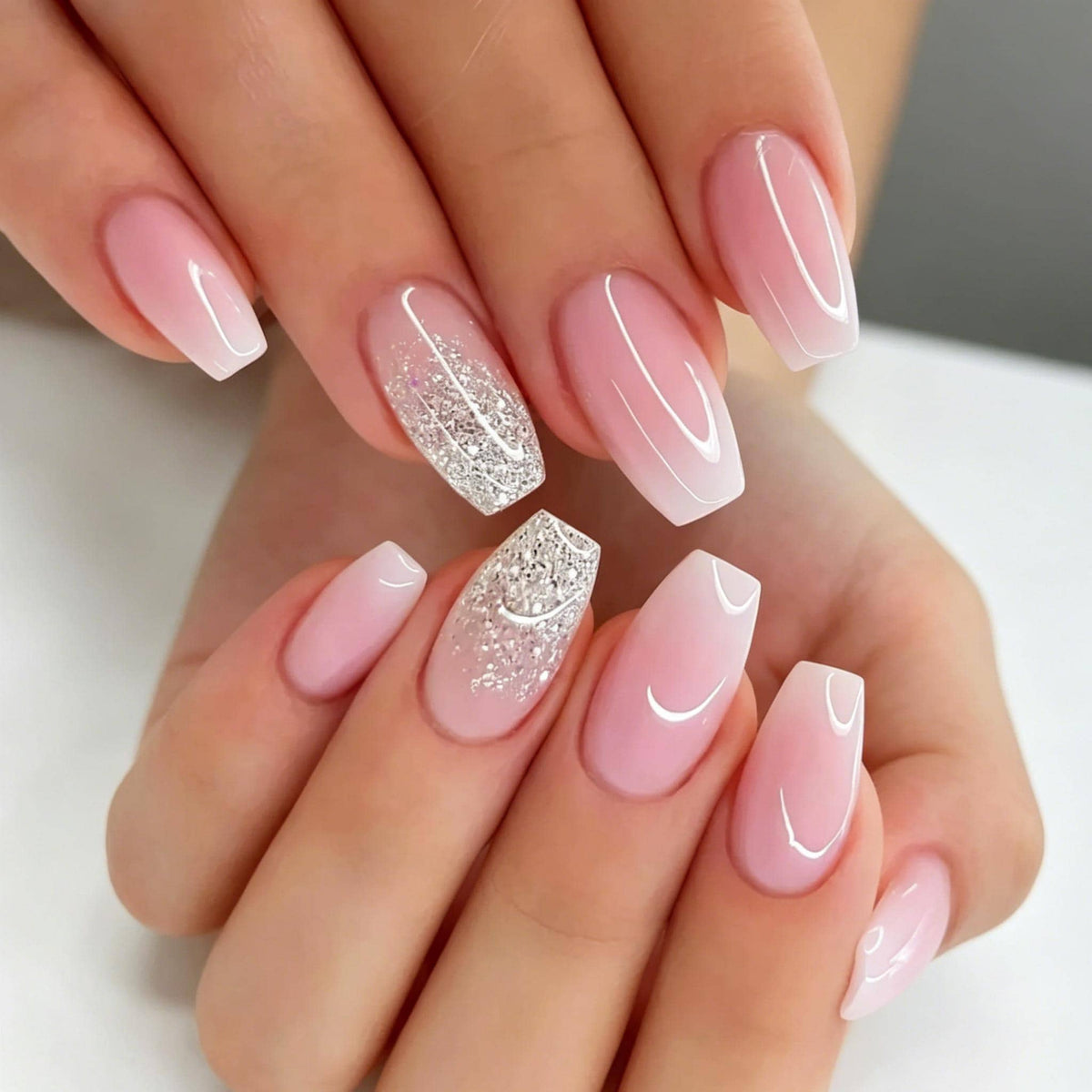 Sheer Pink Ombré Press-On Nails With Silver Glitter Accents
