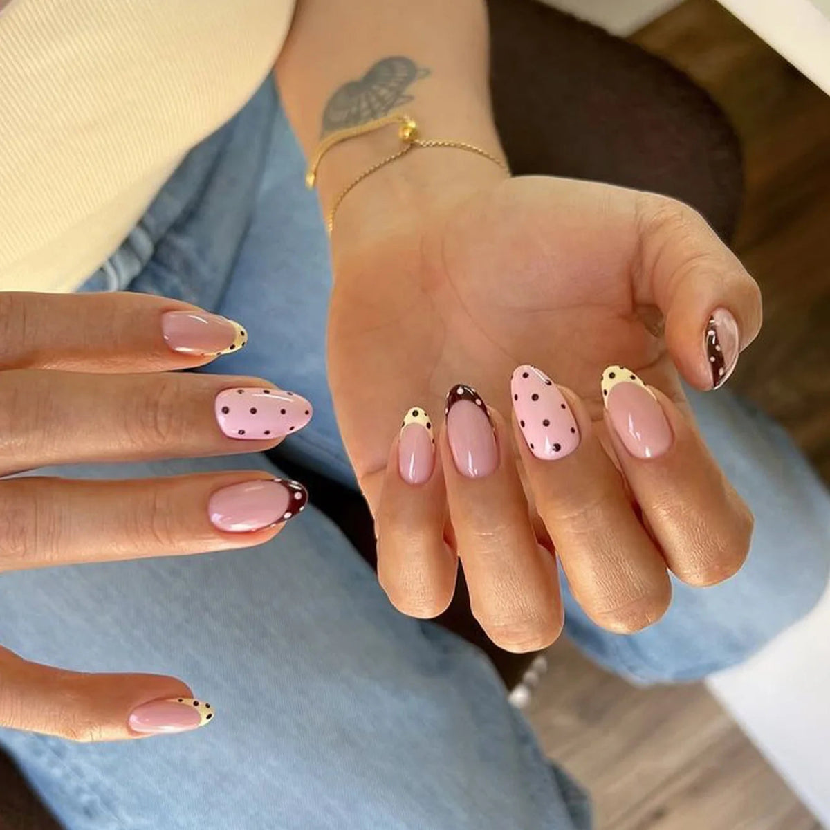 Sheer Pink Polka Dot French Tip Nail Set