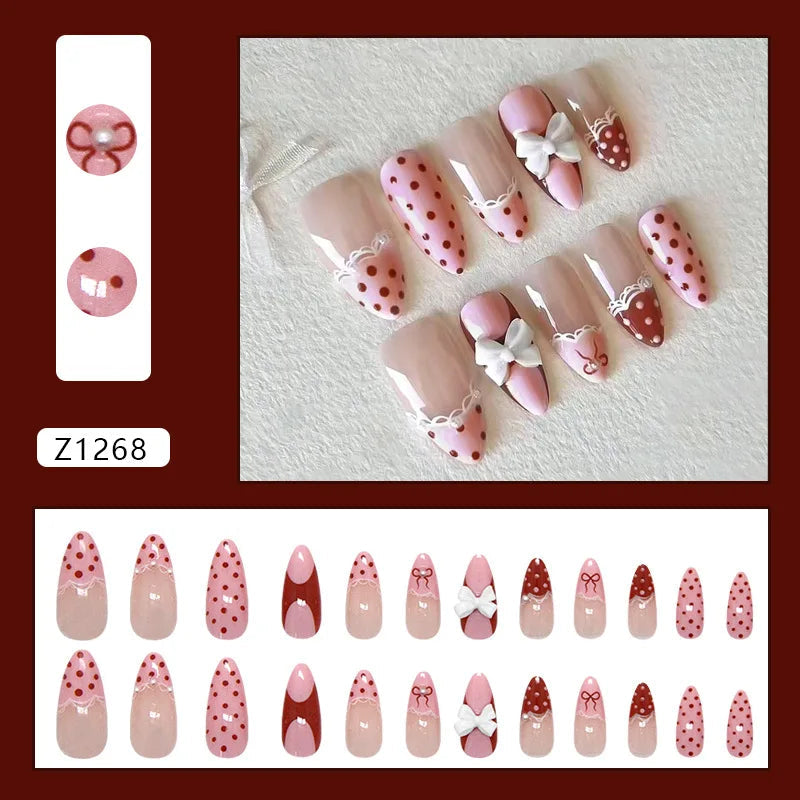 Sheer Pink Polka Dot French Tip Nails With 3D Bows and Lace Details