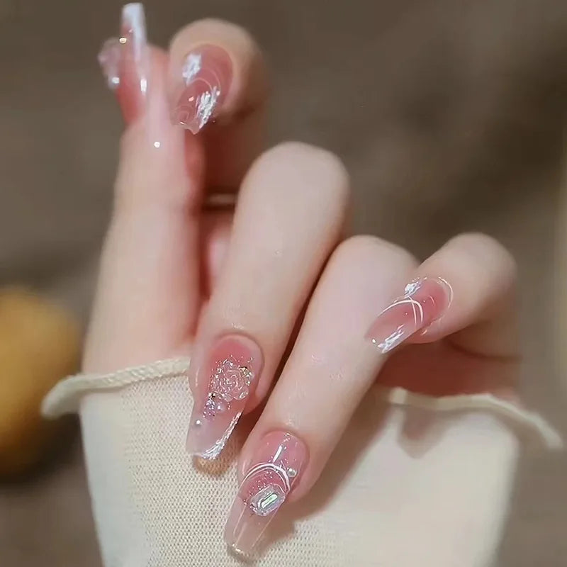 Sheer Pink Press On Nail Set with Heart Outlines, Raised Details and Silver Swirls