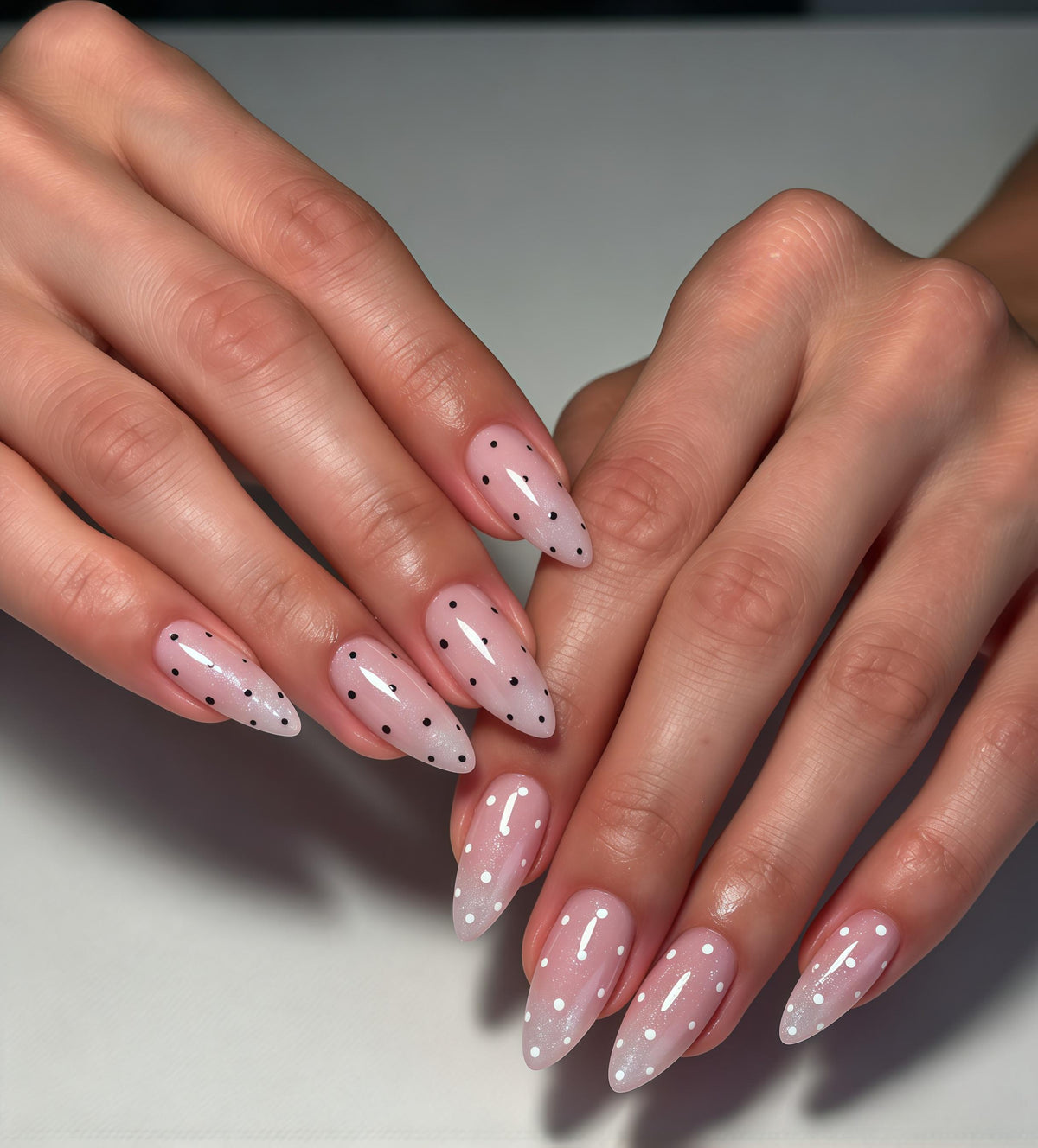 Sheer Pink Press On Nails with Black and White Polka Dots