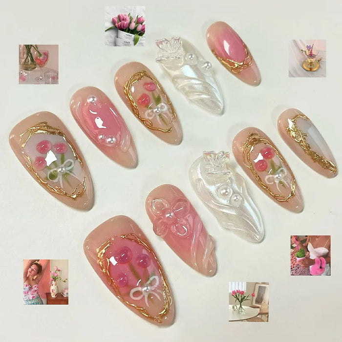 Sheer Pink Rose Floral Press On Nails with Gold Borders, Bows and Pearl Details