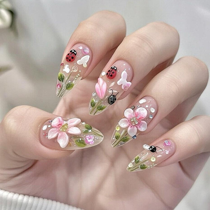 Sheer Pink Spring Garden Press On Nails With 3D Flowers, Ladybugs and Butterfly