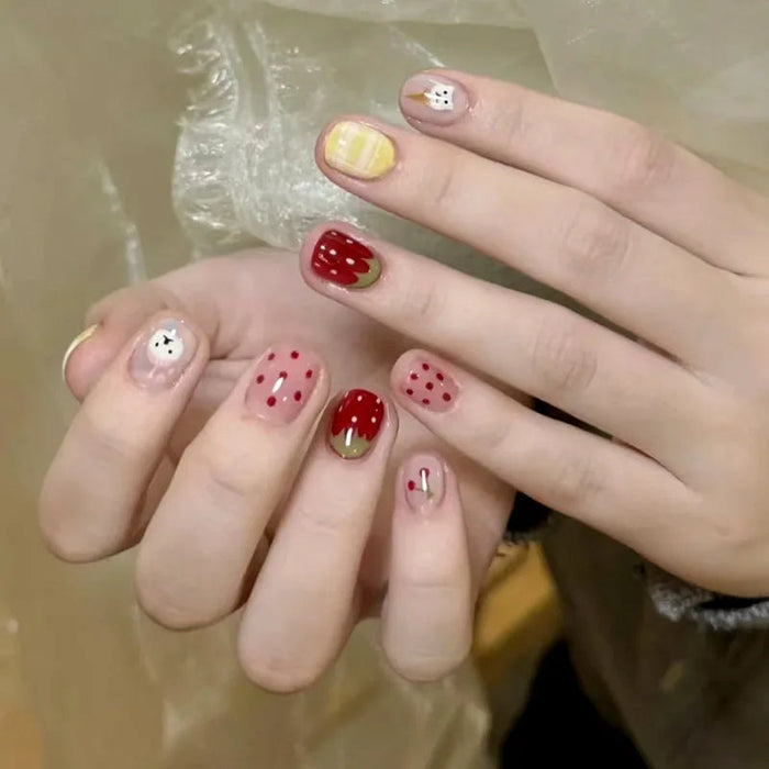 Sheer Pink Strawberry and Red Dot Press On Nail Set with Yellow Striped Accent
