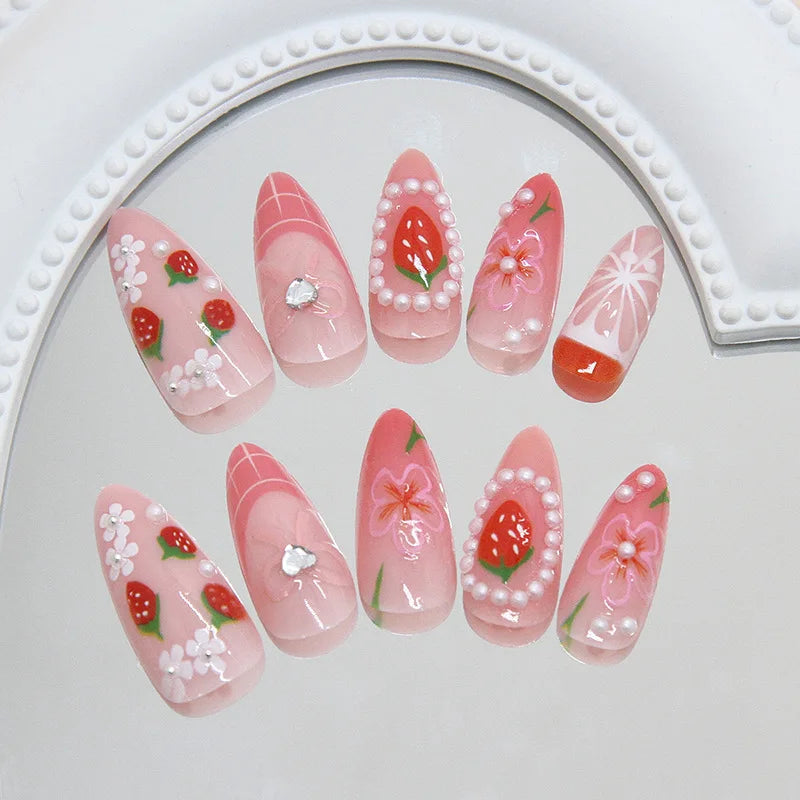 Sheer Pink Strawberry and White Flower Nails with Pearl Details