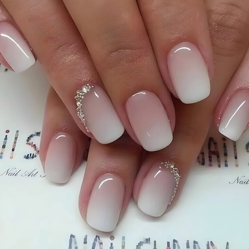 Sheer Pink to Soft White Ombre Press On Nails with Silver Rhinestone Accents