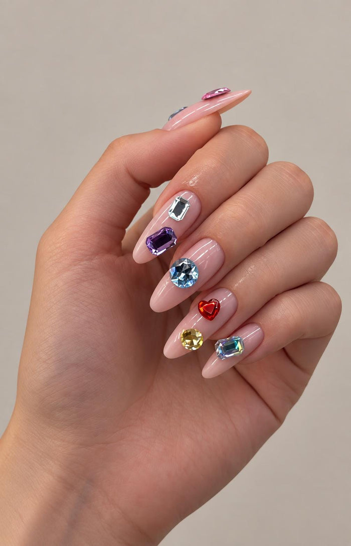 Blush Pink Y2K Birthday Press On Nails With Multicolor Faceted Gems