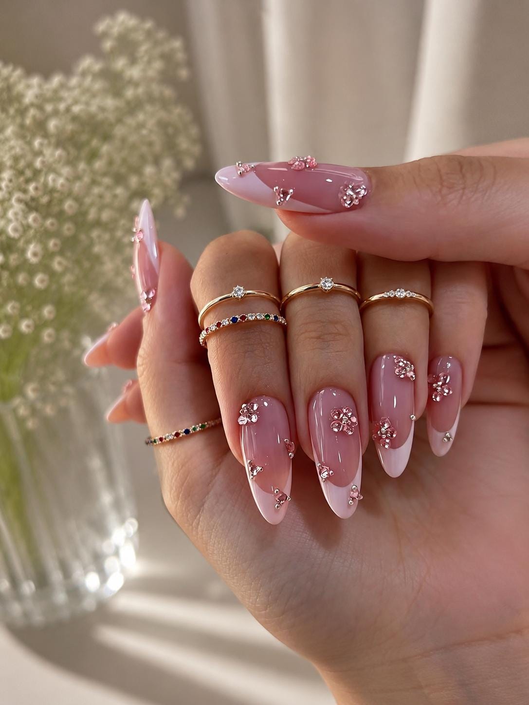 Sheer Rosy Pink Nails with Flower-Like Rhinestone Clusters