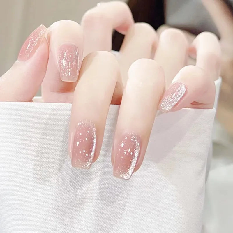 Sheer Rosy Pink Press On Nails with Silver-Pink Glitter Tips