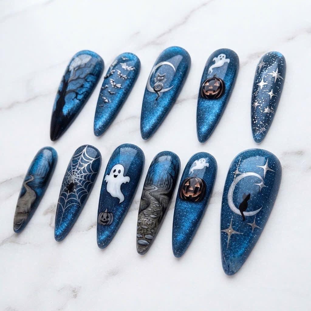 Shimmering Blue Halloween Nails With Ghosts, Cats, Moons and Spiderwebs