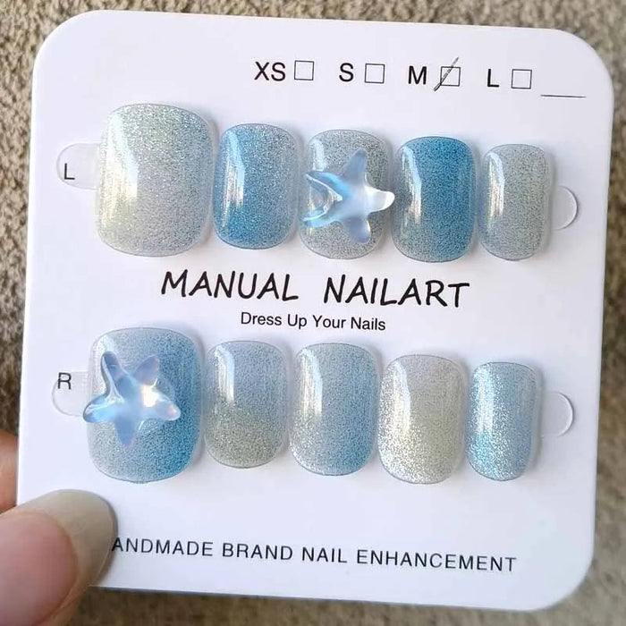 Shimmery Blue and Silver Star Charm Press On Nails