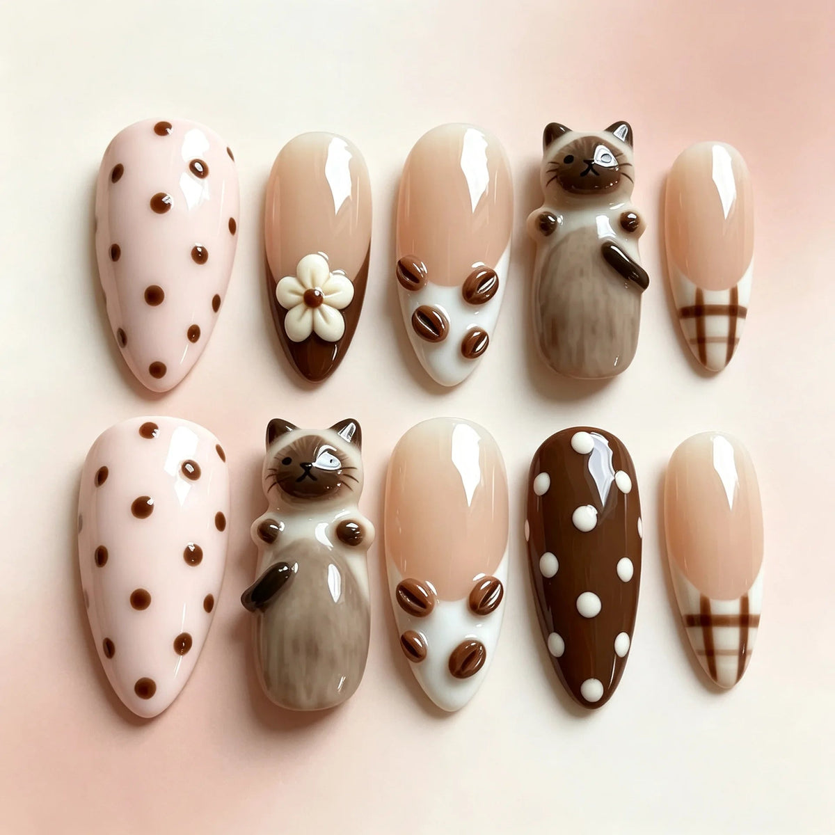 Siamese Cat and Coffee Bean Nail Set with Polka Dots, Plaid Tips, and 3D Flowers