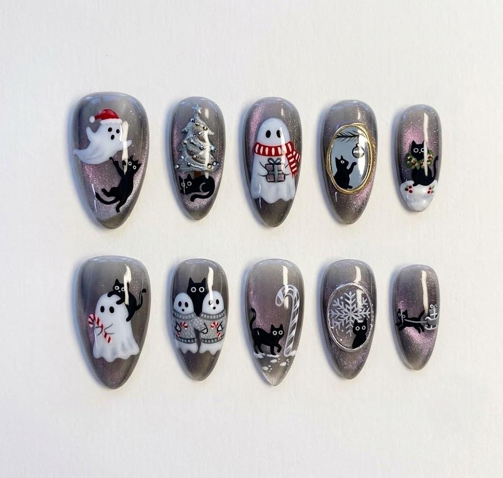 Silver Cat Eye Christmas Press On Nails with Ghosts, Black Cats and Winter Details