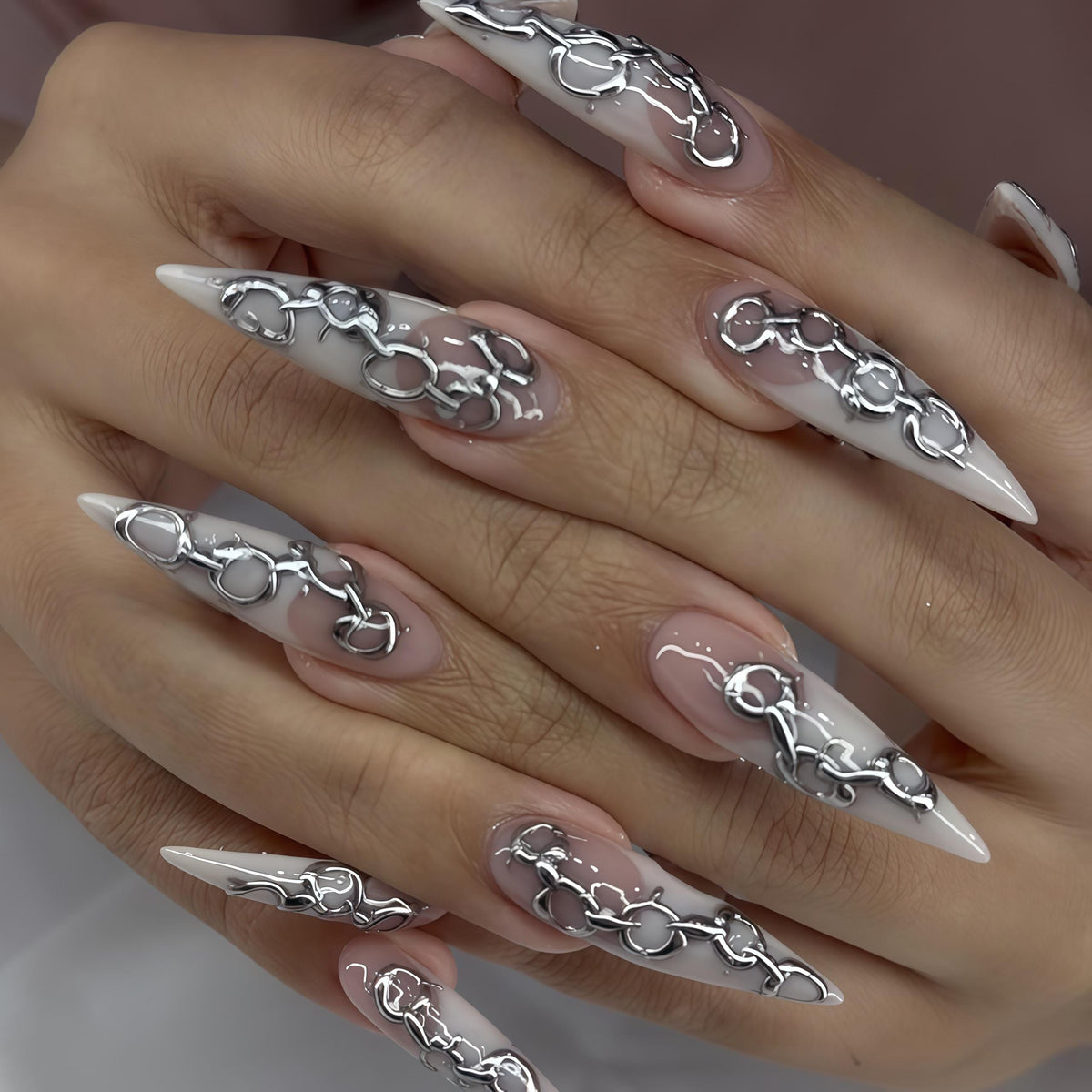 Silver Chain Link Press On Nails With Nude Pink Bases And White Stars