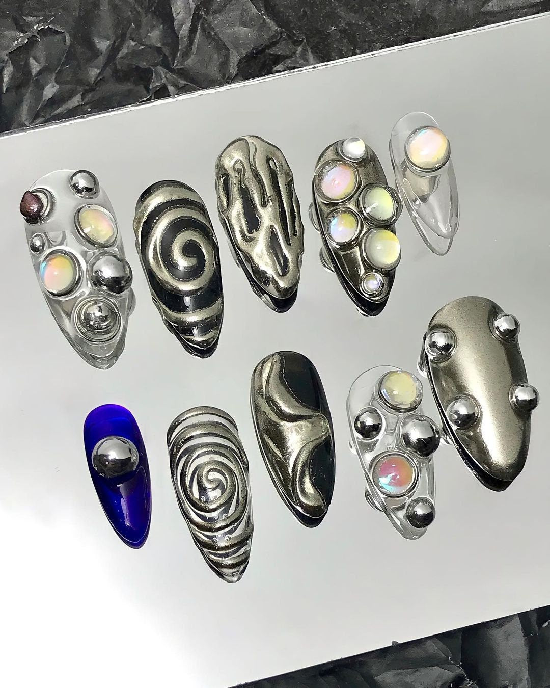 Silver Chrome and Black Swirl Gothic Y2K Press On Nails with Raised Beads and Iridescent Accents