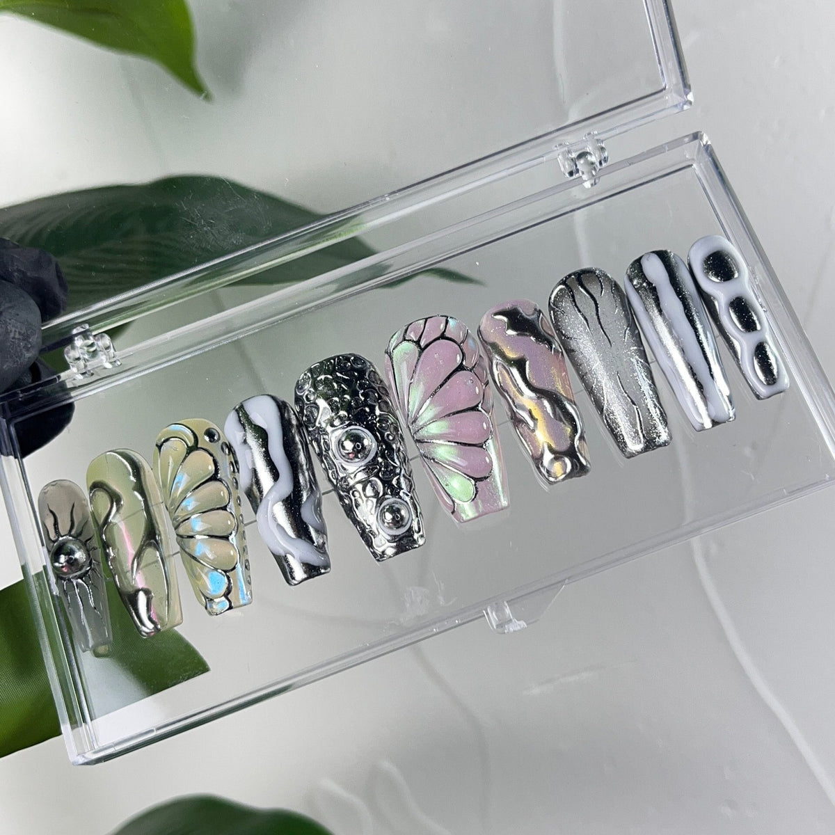 Silver Chrome Butterfly Wing Press-On Nail Set With Sculpted Metallic Details