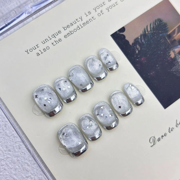 Silver Chrome Glitter Star Press On Nails