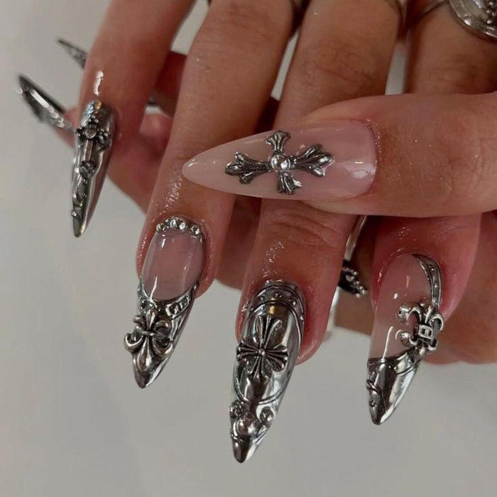 Silver Chrome Gothic Baroque Cross Press-On Nails