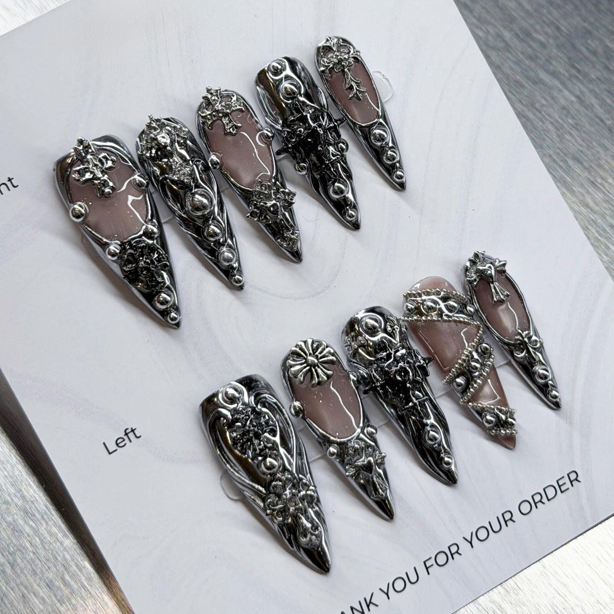 Silver Chrome Gothic Baroque Press On Nails with 3D Crosses and Sculpted Filigree