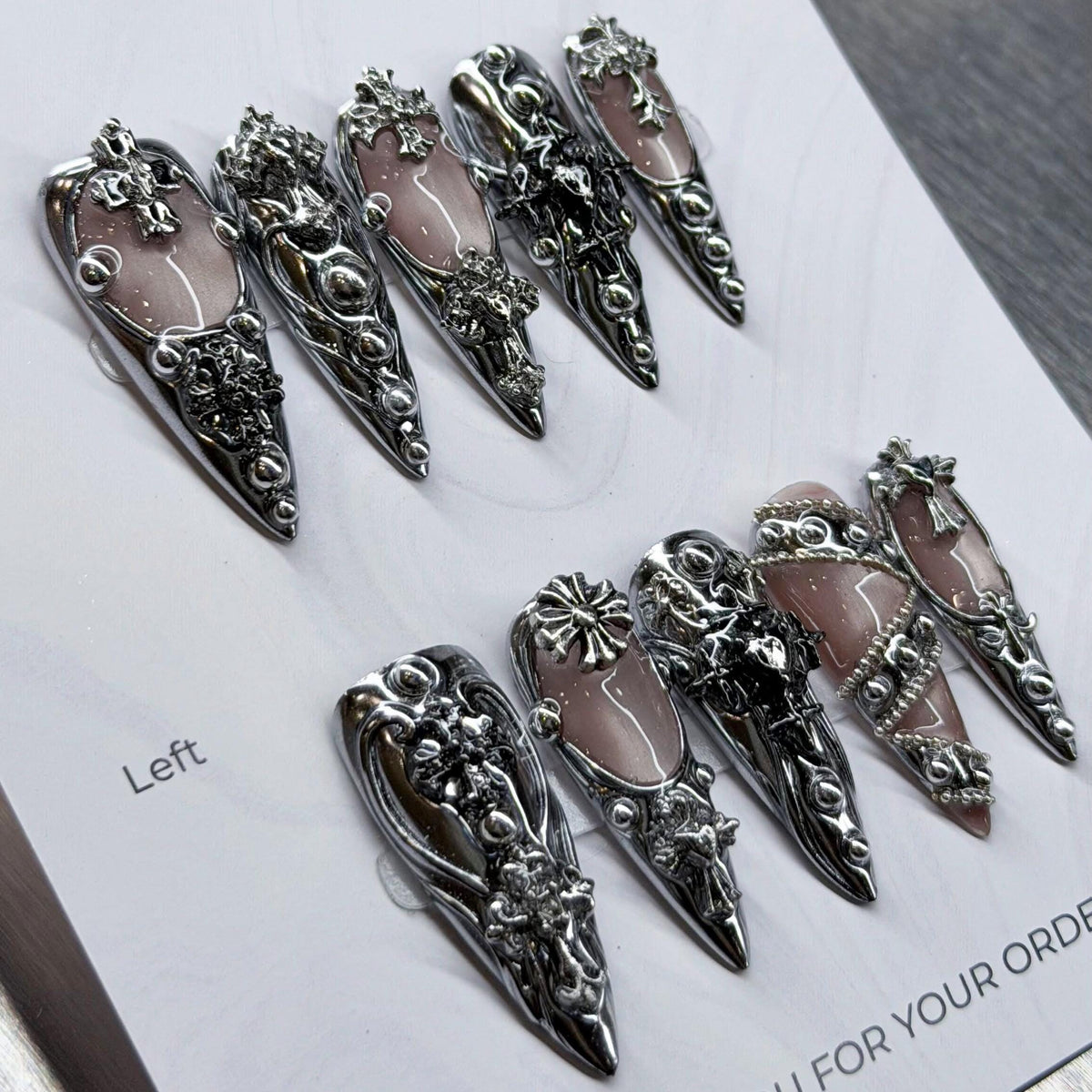 Silver Chrome Gothic Baroque Press On Nails with 3D Crosses and Sculpted Filigree