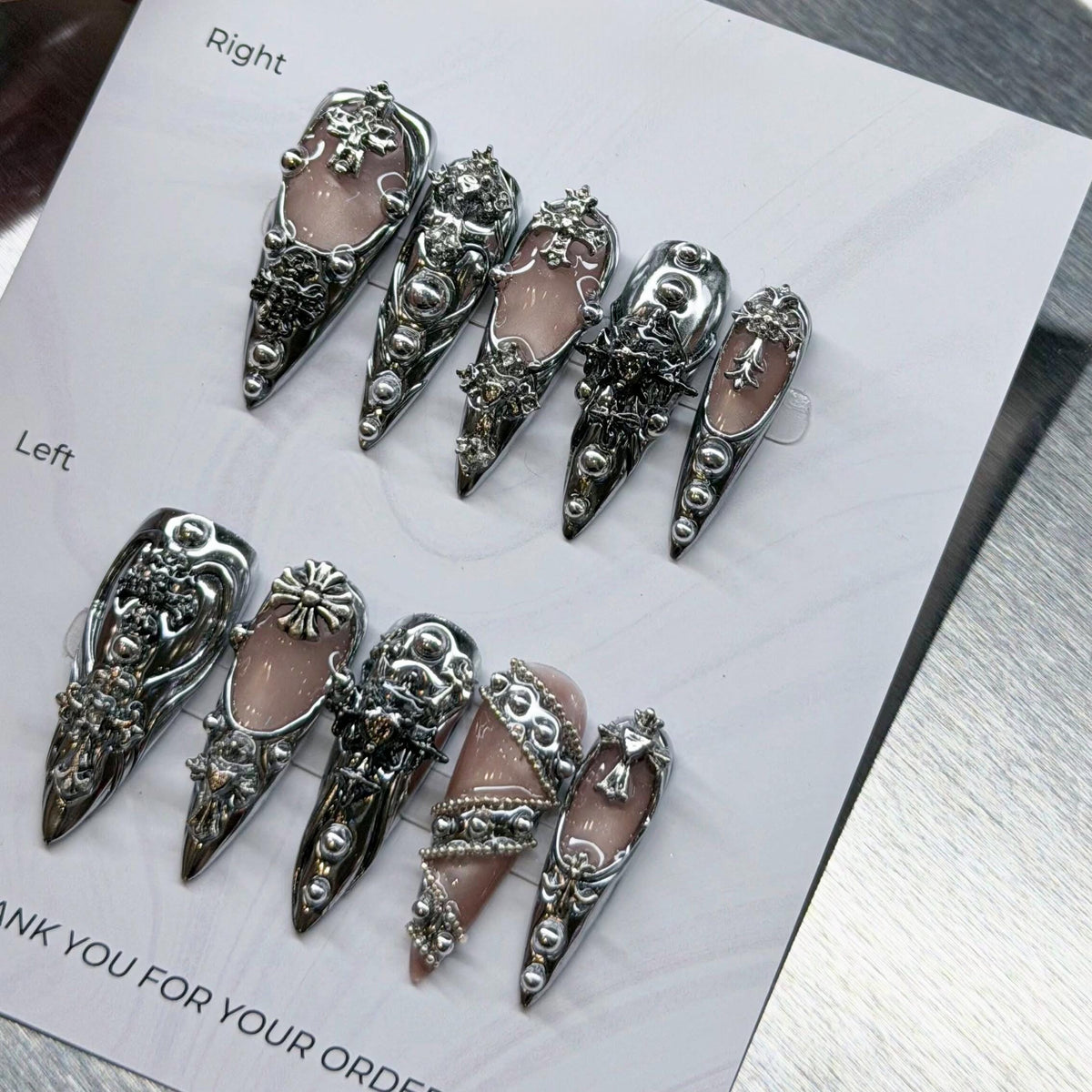 Silver Chrome Gothic Baroque Press On Nails with 3D Crosses and Sculpted Filigree