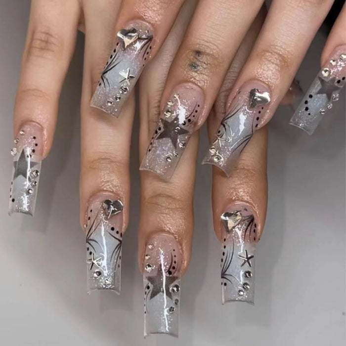 Silver Chrome Star and Rhinestone Abstract French Tip Press On Nail Set
